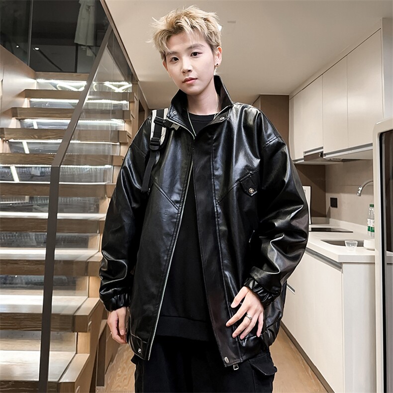 立领皮衣男潮流秋季皮夹克工装外套情侣款式A266-PY008-特P55，男装皮衣，电商A266