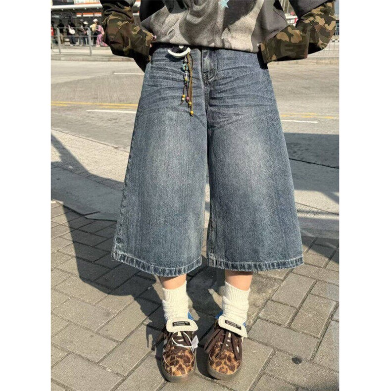 美式格子拼接设计阔腿牛仔裤新款宽松百搭直筒七分裤女N12366-p49,男装牛仔裤,星座1008