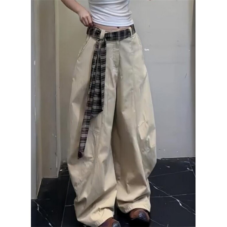 WE1712-P50松弛感绑带卡其弯刀西装阔腿裤女春夏美式百搭休闲裤,男装西服套装,电商B323A