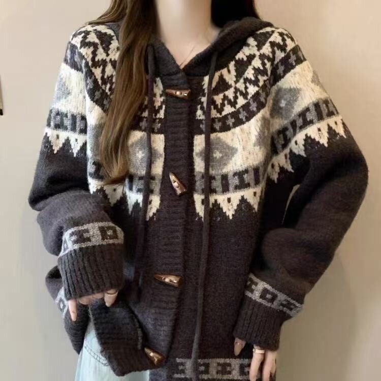 网络图，复古提花男连帽牛角扣针织毛衣开衫XZ302B-1-M2519P62,男装针织衫/毛衣,星座302B-1