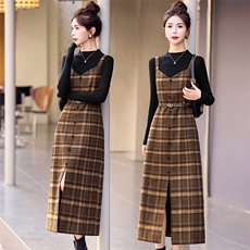 宿本复古毛呢格子背带连衣裙女秋冬新款a字吊带裙中长款背心裙子，女装套装/套裙，盈茜