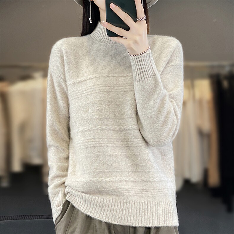 套头长袖纯色2024年秋季半高圆领休闲羊毛针织衫,女装羊毛衫,羊秋羊绒