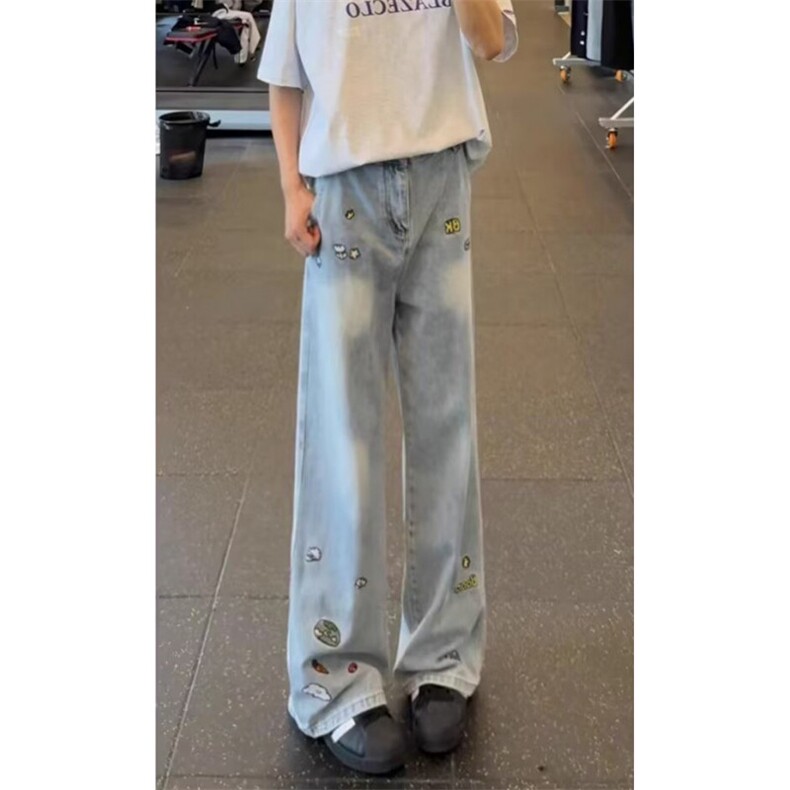 宽松卡通刺绣弯刀牛仔裤男女美式复古水洗阔腿休闲裤气质NG958,男装牛仔裤,星座1116A（原606A-3）