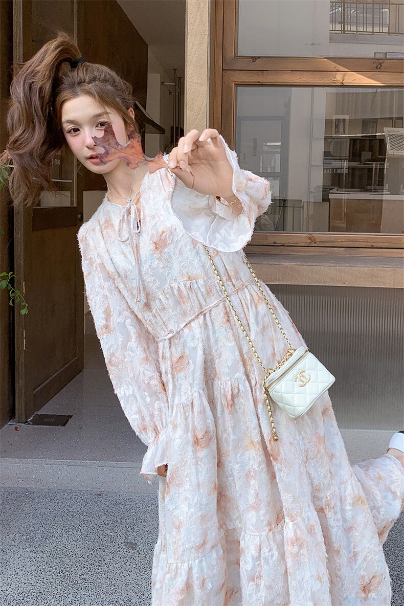 春现法式浪漫风长袖碎花落叶连衣裙B190-503-P145-K208,女装连衣裙,2B190