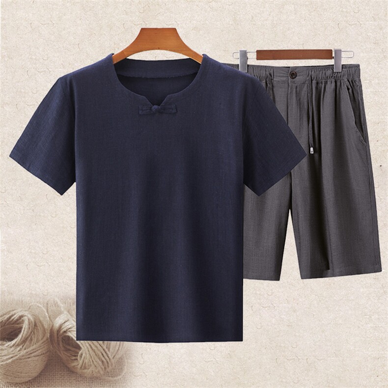 主推大货男高品质中老年风亚麻套装短袖T恤棉麻短裤套装，男装牛仔裤，钱塘723