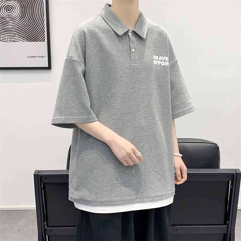 夏季新品学生假两件印花半袖潮运动翻领T恤短袖1500-P45控价68,男装T恤,电商A441-1
