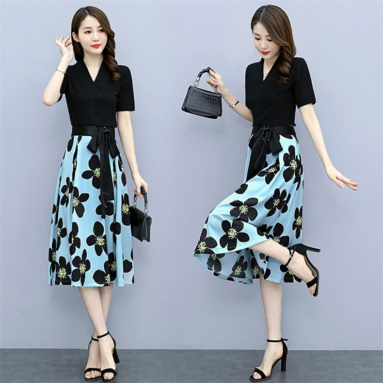 2022夏季新款简约时尚优雅气质V领个性蝴蝶结系带装饰两件套裙，女装套装/套裙，岚衣(原川流布茜）