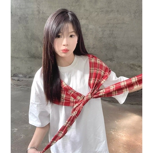拼接格子布装饰 高品质260克双纱纯棉美式高街短袖T恤 特P35图片