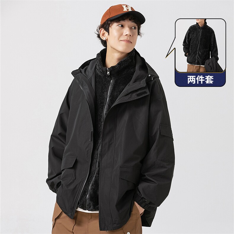 秋冬三合一连帽双层冲锋衣纯色宽松港风情侣棉袄外套MY9318P-115,女装短外套,电商A128