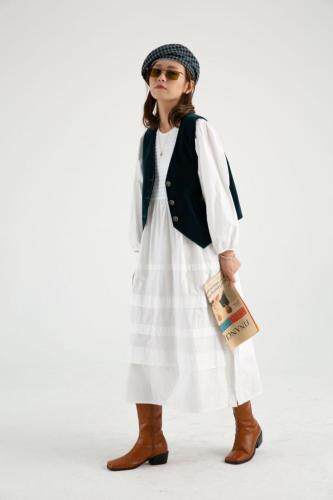 提花连衣裙配平绒马甲，女装连衣裙，roobora