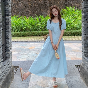 法式减龄蓝色泡泡袖连衣裙女夏2025新款独特超好看清纯系气质长裙图片