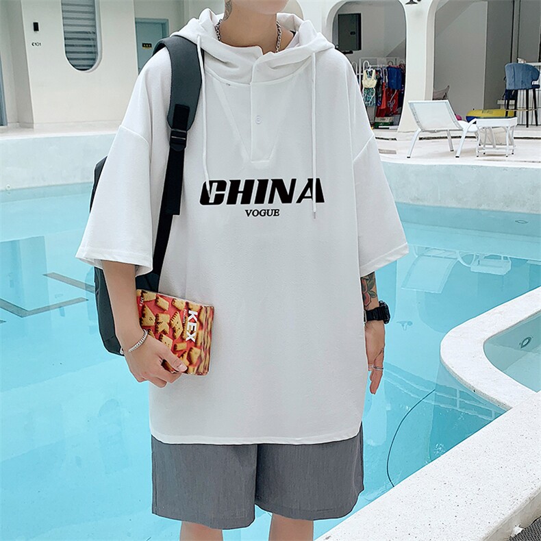 LD54001-P45 连帽短袖t恤男大码胖子带帽五分袖中袖图片