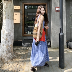 慵懒风蓝色格子背心连衣裙女2025夏季新款设计感小众宽松及踝长裙，女装连衣裙，2C159
