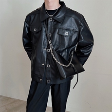 秋冬小众设计感PU皮衣外套男大纽扣设计轻熟短款皮夹克JK2325P145，男装皮衣，电商B267