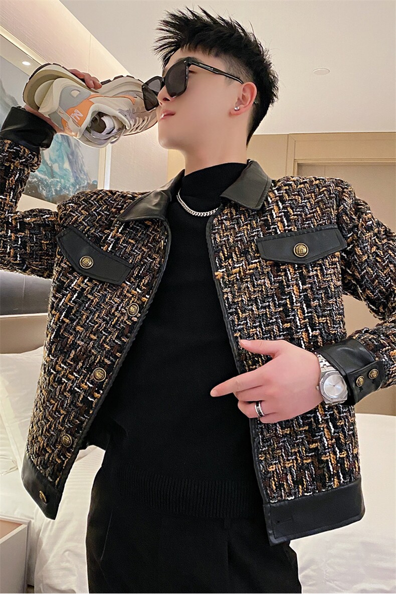 AF112加绒/P138控178秋季社会小伙小香风编织拼皮韩版短款外套男1,男装夹克,星座305B-1