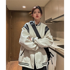 主推中性小香风棒球服撞色拼接PU皮外套复古夹克男女H873P108，男装夹克，电商A341