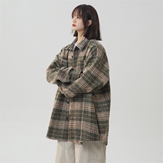日系复古格子撞色长袖衬衫男女宽松毛呢格衬衣225-2-CS710-P58，男装衬衫，星座225-2