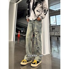 复古蓝字母印花微喇牛仔裤男春秋高街裤子直筒修身阔腿裤NS6078，男装牛仔裤，星座1116A（原606A-3）