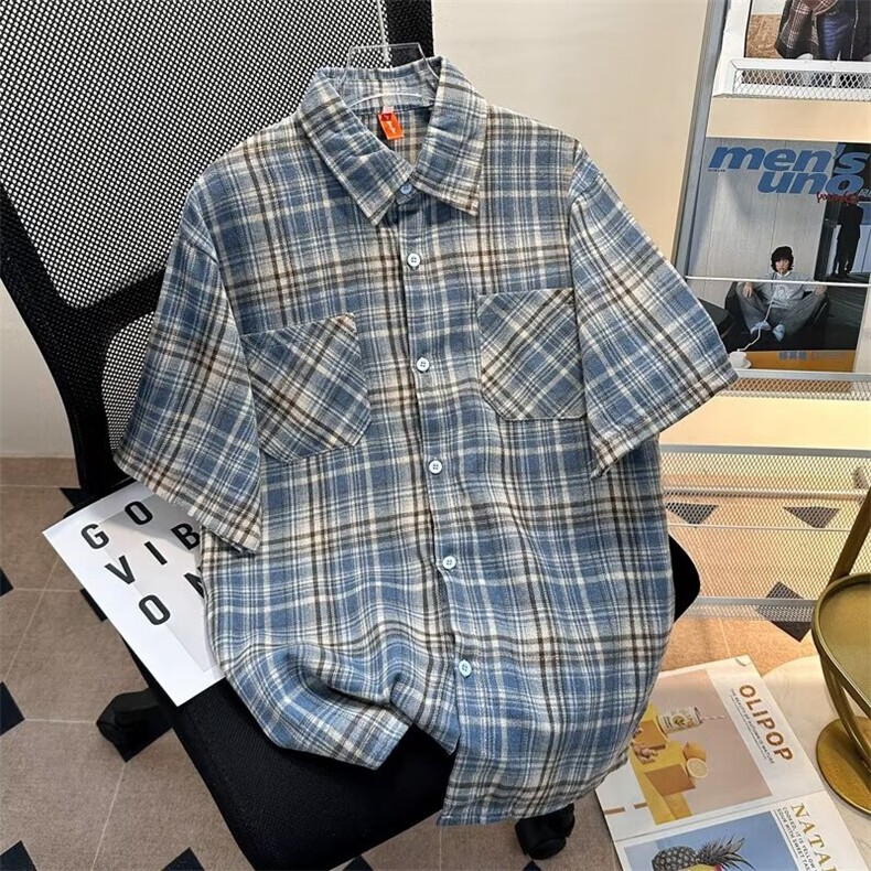 复古短袖衬衫男2024夏季新款港风宽松潮流休闲格子衬衣CY906-P31图片