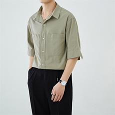 轻熟风全棉包扣休闲纯色短袖衬衫男透气衬衣A236-0838-P58，男装衬衫，电商A236