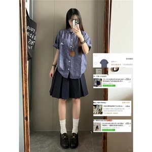 紫蓝色织格子泡泡纱短袖衬衫夏季潮牌宽松防晒衫ins美式格纹衬衣图片