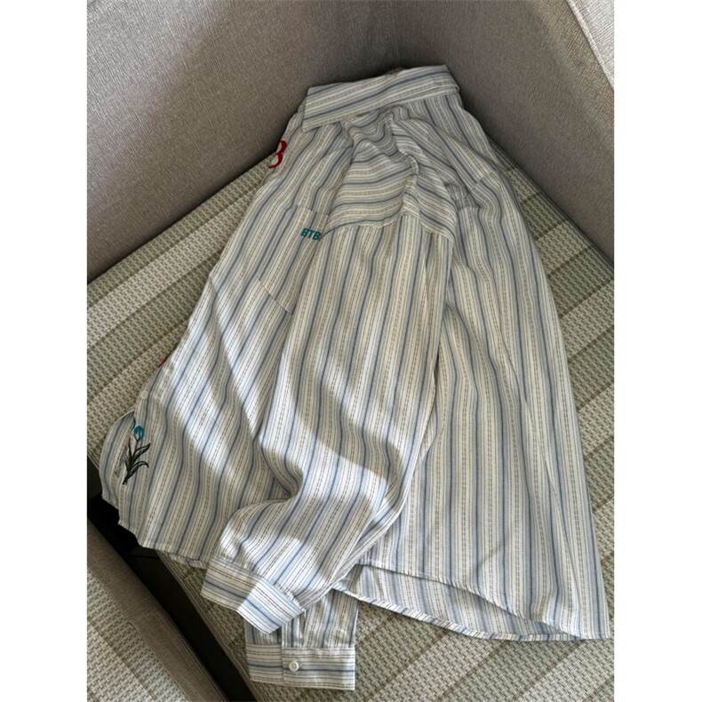 网图有货美式复古条纹衬衫男宽松刺绣休闲情侣衬衣女A317-P48,男装衬衫,星座1505
