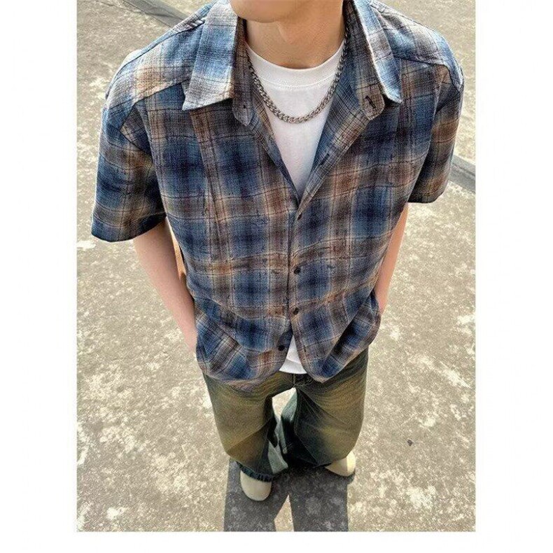 扎染格子衬衫短袖男夏季美式复古薄款外套户外格纹防晒衬衣C63，男装防晒衣，星座1116A（原606A-3）