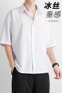男夏季新款韩版衬衣港风日系宽松大码外套大冰丝五分袖衬衫图片