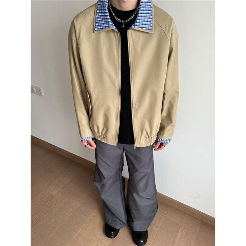 S9223-P65 拼色格子翻领运动夹克男春季宽松休闲情侣上衣图片