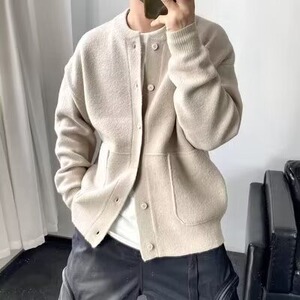 YM128日系复古纯色立领针织开衫男新款宽松休闲慵懒风高领毛衣