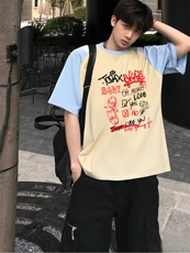 抖音得物高品质二开240克宽松纯棉美式潮牌插肩袖拼接短袖T恤，男装T恤，电商A486