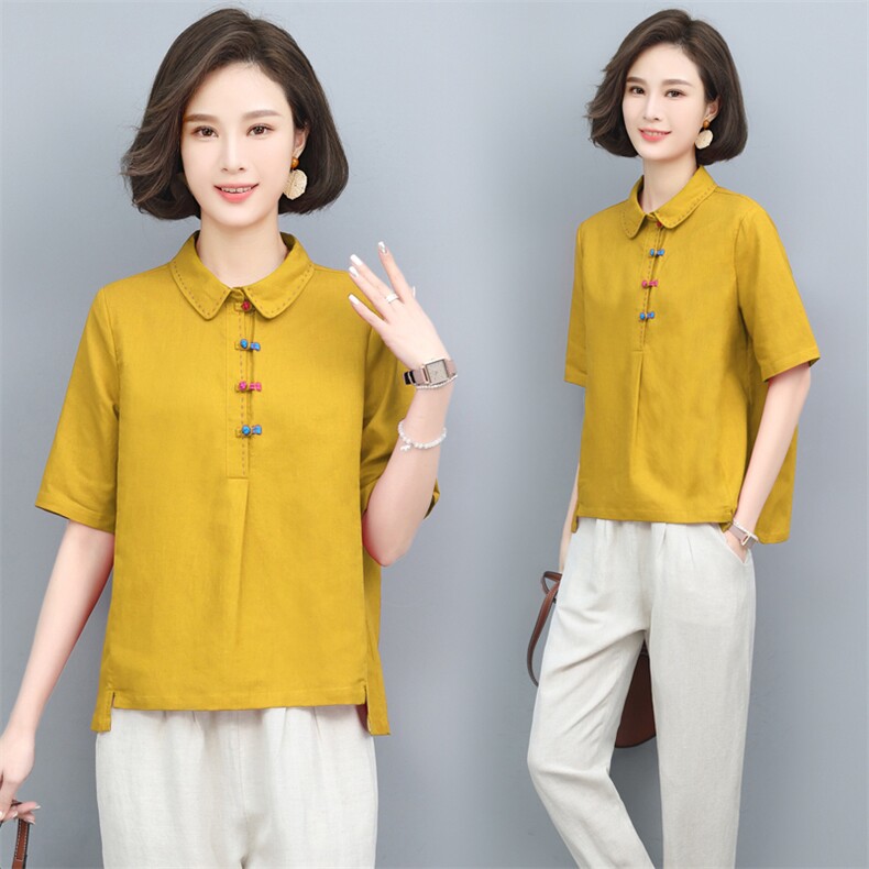 (新款)棉麻T恤小衫夏女2024中老年妈妈装复古亚麻休闲三年不下架，女装T恤，璐依舞