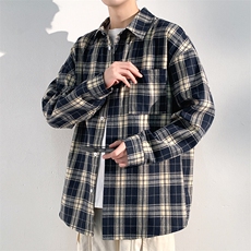 藏青色格子短袖衬衫男款夏季美式cleanfit复古衬衣学院风格纹半袖，男装衬衫，电商A001-1