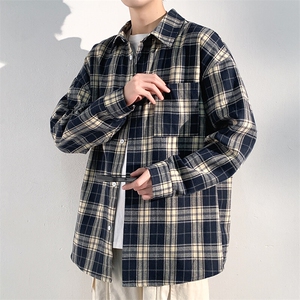 藏青色格子短袖衬衫男款夏季美式cleanfit复古衬衣学院风格纹半袖图片