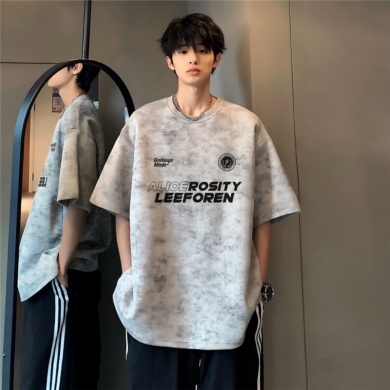 青少年氛围感痞帅美式高街印花时尚潮牌通勤学生短袖T恤T16-P25，男装T恤，电商C307