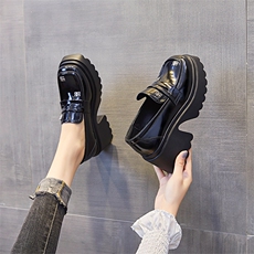 漆皮厚底粗跟百搭小皮鞋女2023秋冬季新款圆头英伦风一脚蹬乐福鞋，女鞋小皮鞋，电商A223