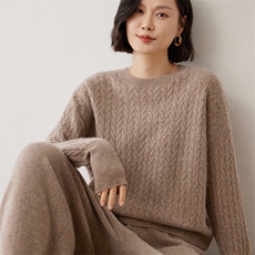 高端加厚~绞花山羊绒衫修身显瘦女式圆领毛衣秋冬灰色针织羊毛衫，女装休闲裤，雪山红莲