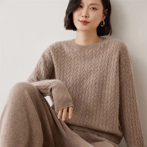 高端加厚~绞花山羊绒衫修身显瘦女式圆领毛衣秋冬灰色针织羊毛衫图片