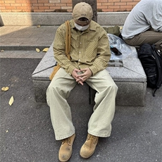 K417-P40美式复古黄色格子衬衫男女春秋高级感休闲宽松防晒长袖，男装防晒衣，电商B323A