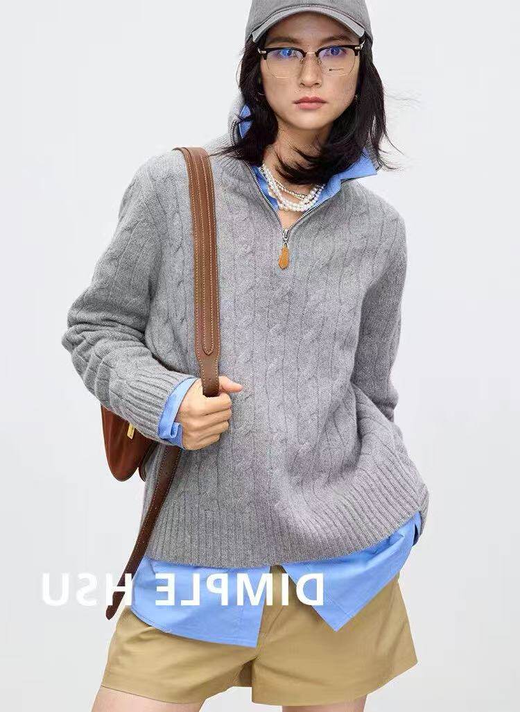 2025年女士秋季麻花立领拉链,针织衫/毛衣,百纯羊绒