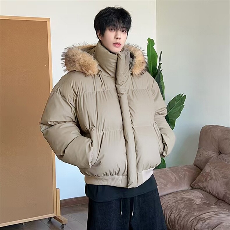 现货三防重磅硬挺boxy短款羽绒棉衣座山雕大毛毛领PU皮棉服外套冬,男装棉衣,电商A486-1