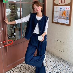 韩系蓝色小香风牛仔套装女2025春季新款时尚休闲马甲阔腿裤两件套图片