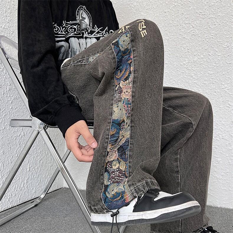 高品质新款拼接水洗牛仔裤男松紧腰直筒拖地裤XK66133-P55,男装牛仔裤,电商A042