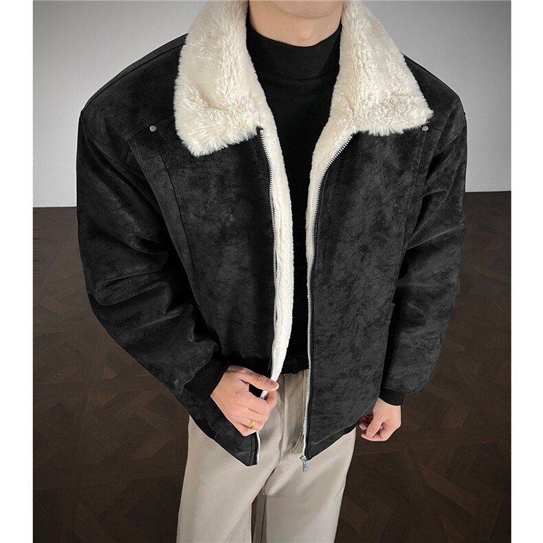 美拉德羊羔毛pu皮棉衣加绒加厚情侣棉服外套男H1166特P85，男装皮衣，电商A341