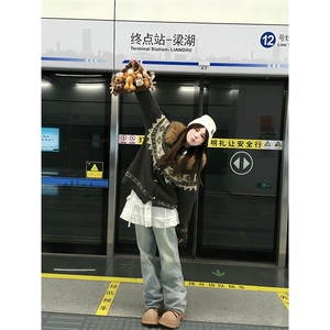 重磅北极绒座山雕大毛毛领毛衣外套冬美式复古休闲慵懒风针织开衫图片