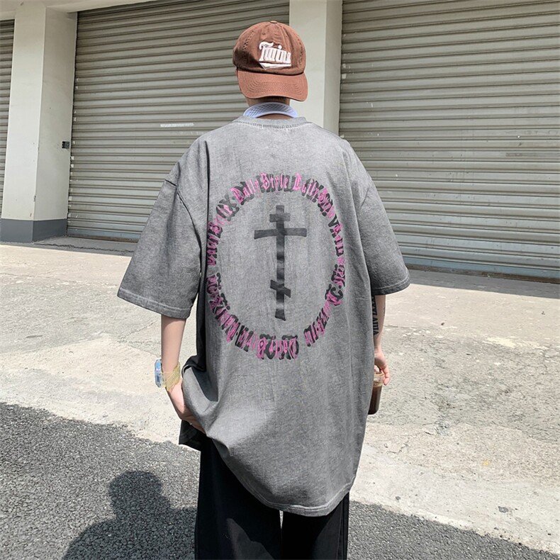 短袖t恤男港风印花圆领体恤夏季洗水做旧潮牌五分袖上衣T0104-P35,男装T恤,星座308B-1