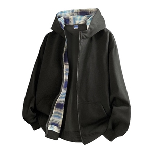 抖音得物二开25秋冬美式重磅假两件格子连帽卫衣开衫外套W17图片