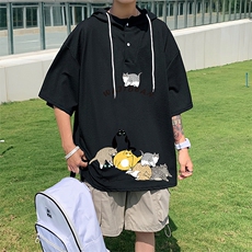 LD54155-P45连帽短袖t恤男大码胖子带帽五分袖中袖，男装T恤，电商A040