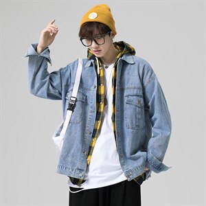 2021秋季新日系大码男镭射反光炫彩翅膀印花牛仔夹克外套NJ123P75图片