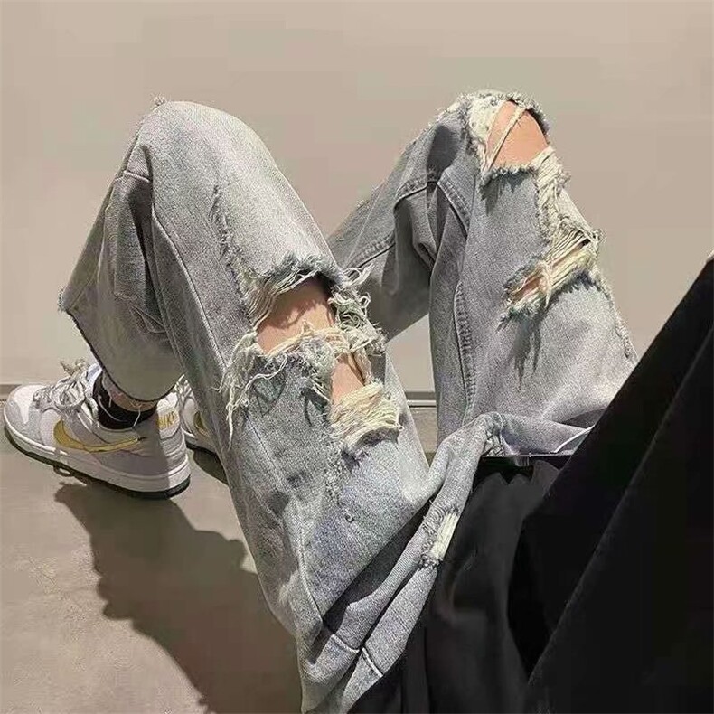 复古破洞牛仔裤男春秋季美式hiphop潮牌做旧乞丐裤街头痞帅九分裤,男装牛仔裤,星座1116-2